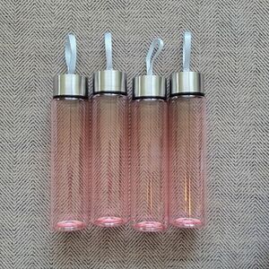 Set of Four Pink Plastic Water Bottles with Stainless Steel Caps NWT